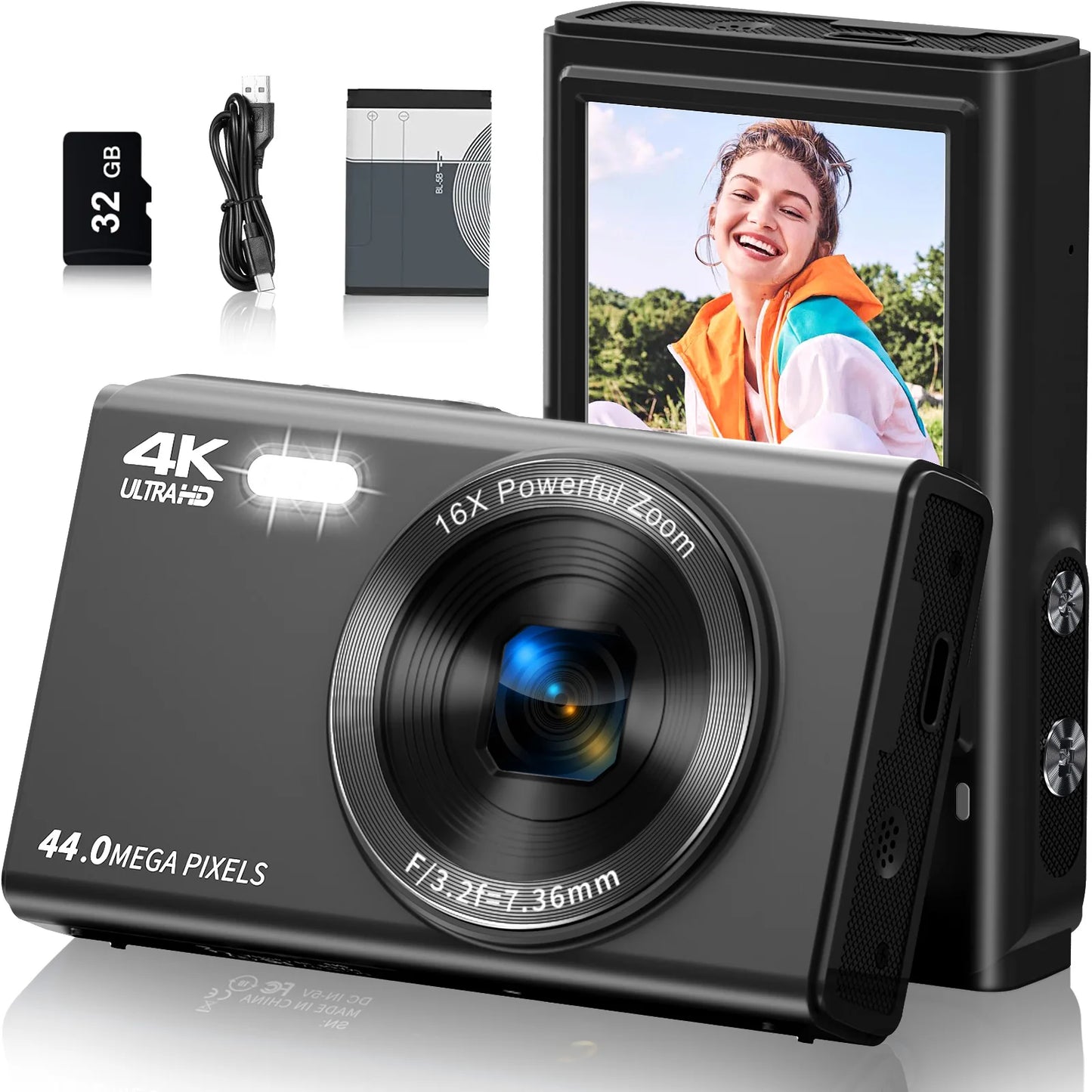 4K Digital Camera for Photography, Autofocus 4k Vlogging Camera, Compact Camera with 16X Digital Zoom, 2.4" Screen, 32GB Card