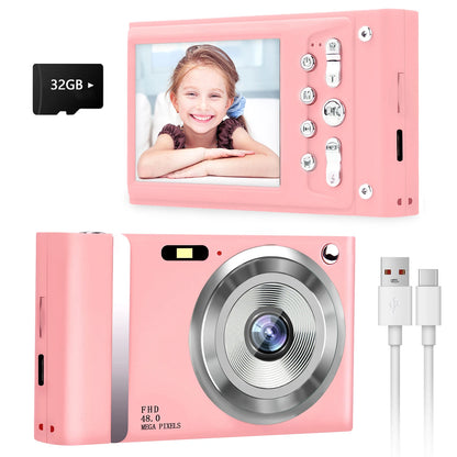 FHD 1080P Digital Camera for Kids Video Camera with 32GB SD Card 16X Digital Zoom Compact Point and Shoot Camera for Students