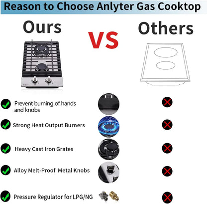 12 Inch Gas Cooktop 2 Burners Built-in Gas Stovetop Stainless Steel Gas Stove Top LPG/NG Convertible Dual Fuel Sealed Hob