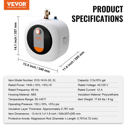 VEVOR Electric Mini-Tank Water Heater, 2.5/4/8-Gal Tank Hot Water Storage, Safety Temperature Pressure Valve,for Kichen Bathroom