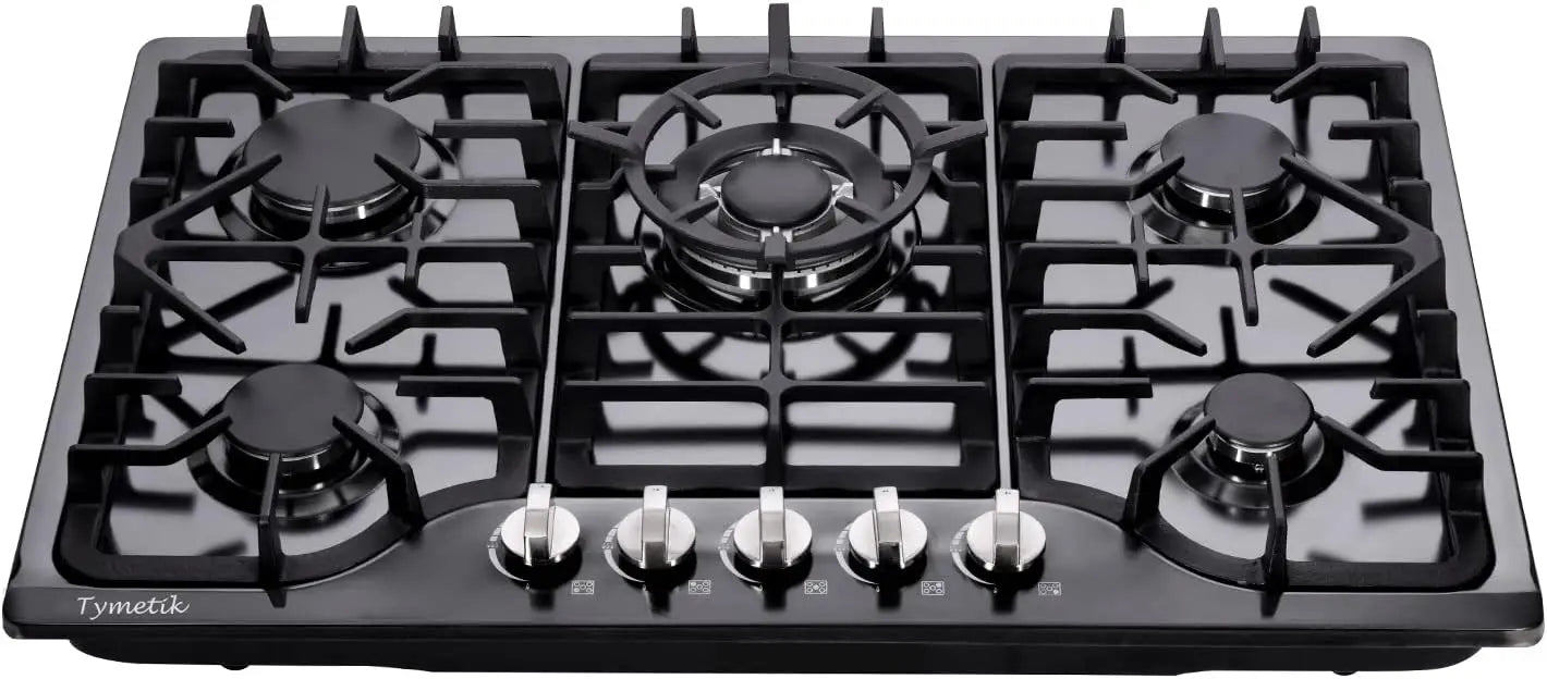 30 Inch Gas Cooktop Built-in Stainless Steel Gas Stovetop 5 High Efficiency Burners Gas Stove LPG/NG Convertible Hob (Black)