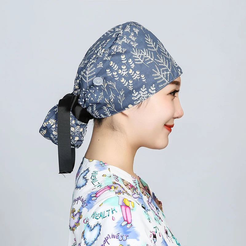 Printed Surgical Cap Scrub Cotton With Button Doctor Wrap Long Hair Adjustable Lace-up Women Beauty Care Hospital Accessories