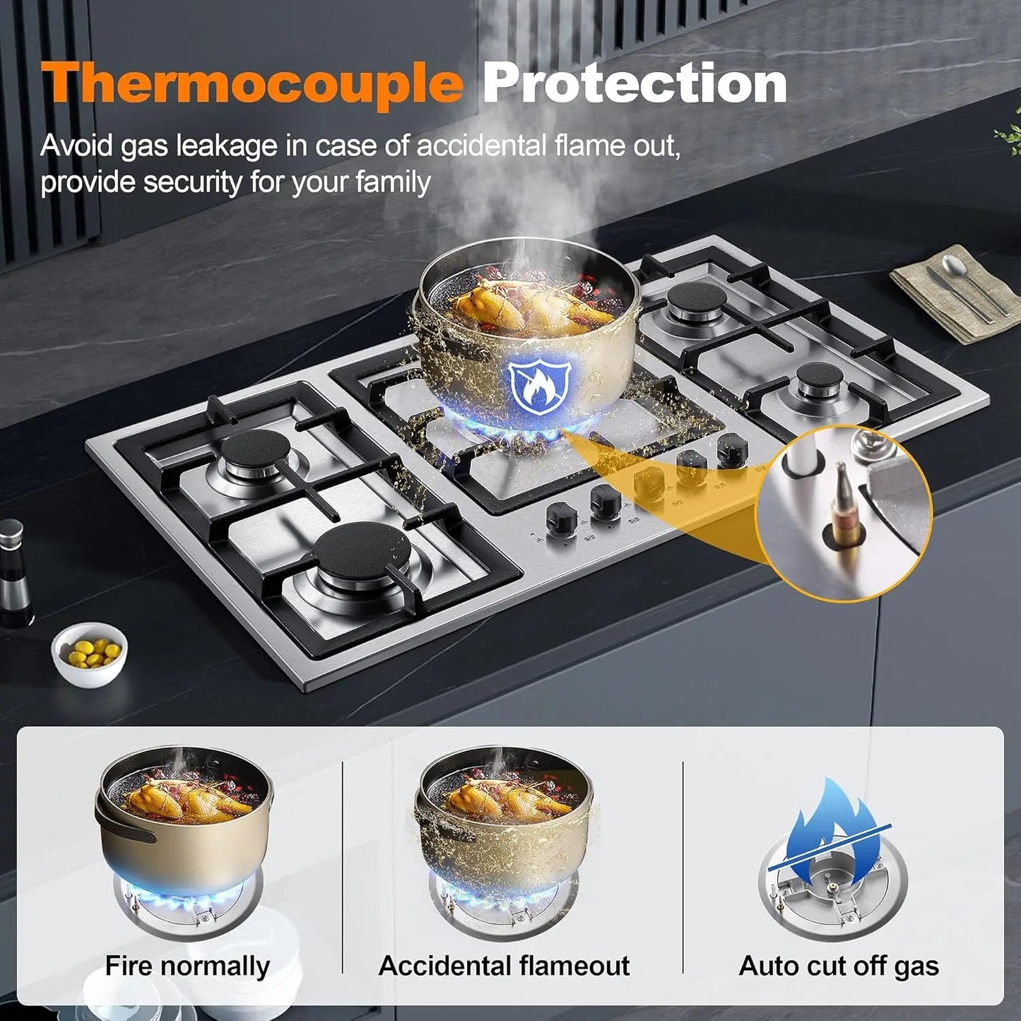 36 Inch Gas Cooktop 5 Burner Gas Stove Top Total 34,588 BTU Built-in Stainless Steel 36Inch Gas Hob with Thermocouple Protection