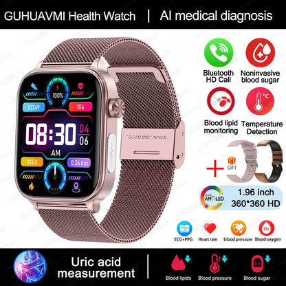 2024 New ECG+PPG Uric Acid Non-Invasive Blood Glucose Smartwatch Men Bluetooth Call Heart Rate Blood Pressure Smart Watch Women