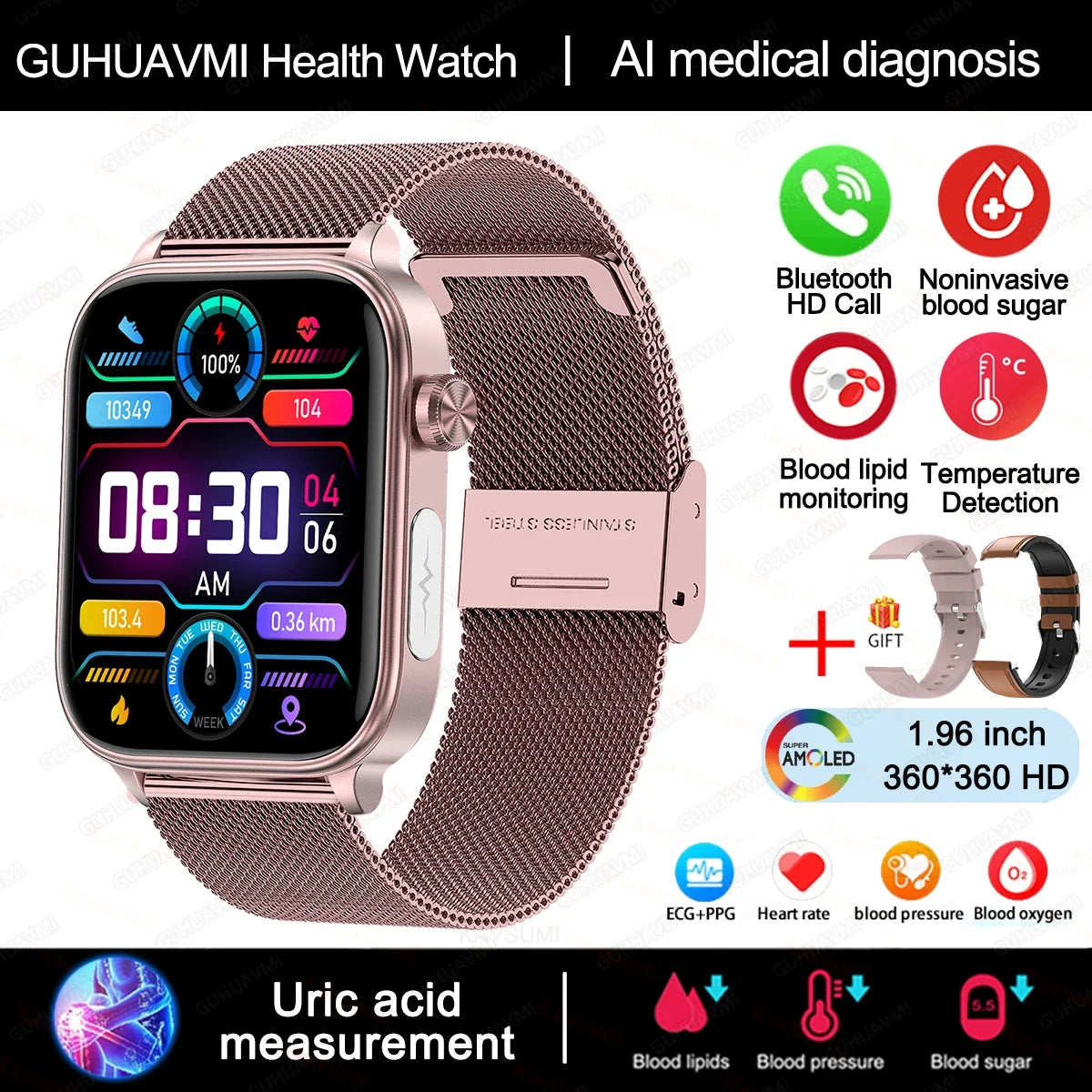 2024 New ECG+PPG Uric Acid Non-Invasive Blood Glucose Smartwatch Men Bluetooth Call Heart Rate Blood Pressure Smart Watch Women