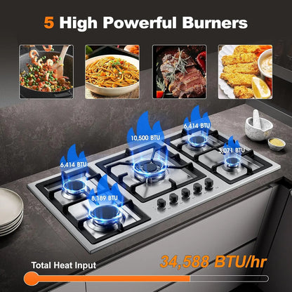 36 Inch Gas Cooktop 5 Burner Gas Stove Top Total 34,588 BTU Built-in Stainless Steel 36Inch Gas Hob with Thermocouple Protection