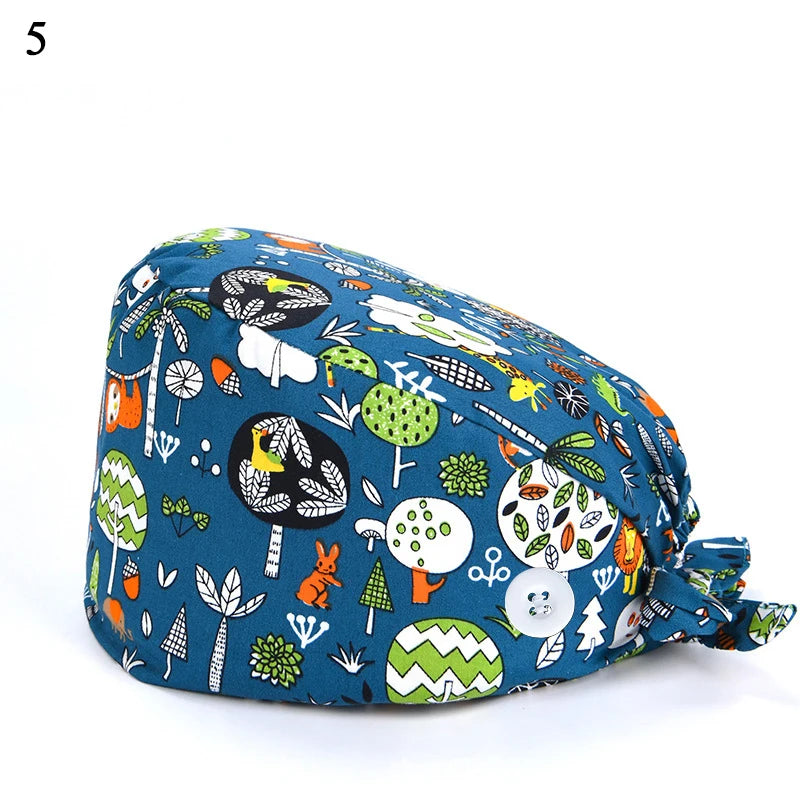 Floral Soft Hat Printing Nurse Sweat-absorbent Head Wrap Towel Surgical Anti-Dirty Pure Cotton Cap With Button Scrub Cap