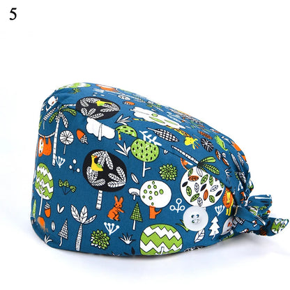 Floral Soft Hat Printing Nurse Sweat-absorbent Head Wrap Towel Surgical Anti-Dirty Pure Cotton Cap With Button Scrub Cap
