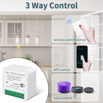RF433 WiFi Smart Switch Tuya 16A Home Mini Relay Receiver DIY Light Switch Automation Controller Voice Works with Alexa Google