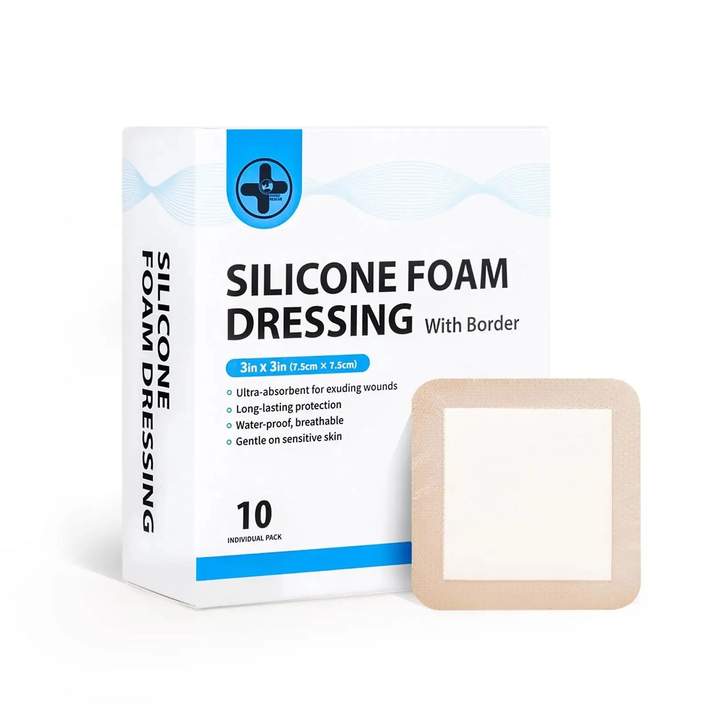 RHINO RESCUE Silicone Foam Dressing with Border, 4''x4'' 10 Pack Waterproof Wound Care Bandage, High Absorbent Pad for Bed Sores