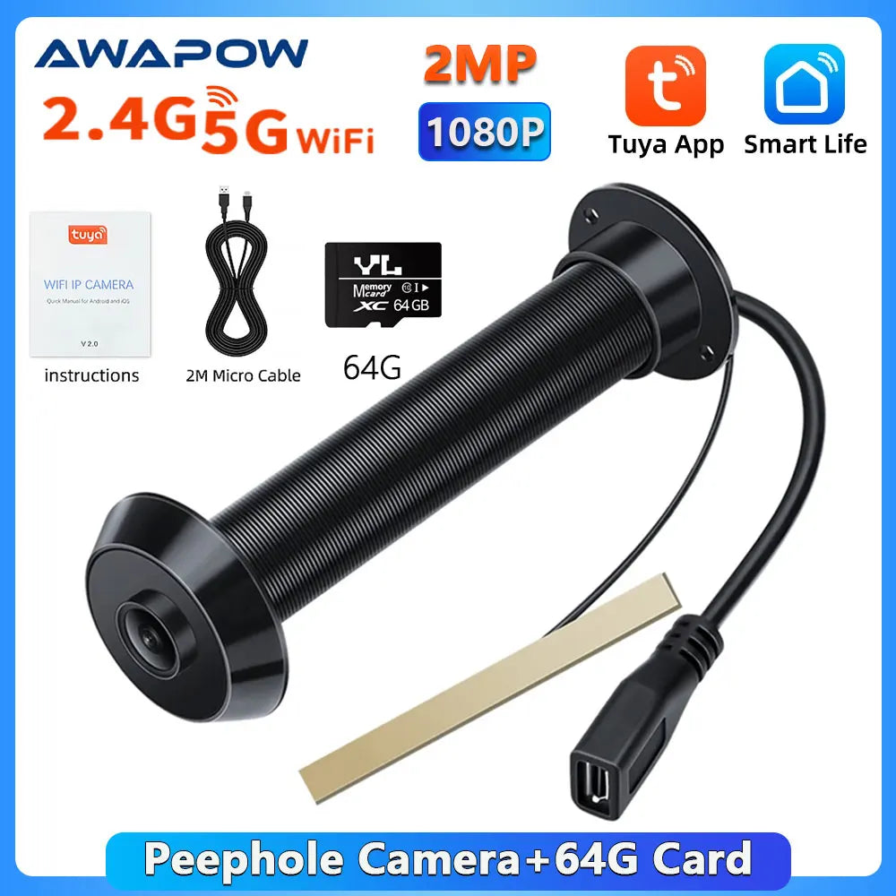 Awapow Tuya Peephole Camera 2.4G&5G Wifi Mini Door Viewer 1080P Motion Detection Smart Home Security Night Vision Auto Record