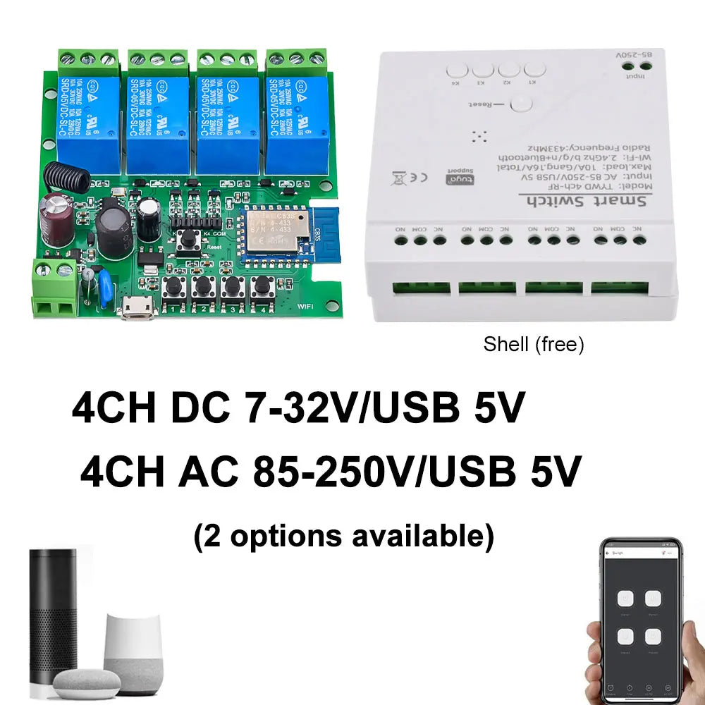 Smart Remote Control Wireless Wifi Switch Module 4CH DC 7-32V AC85-250V RF Receiver 10A wifi Relay For Alexa DIY