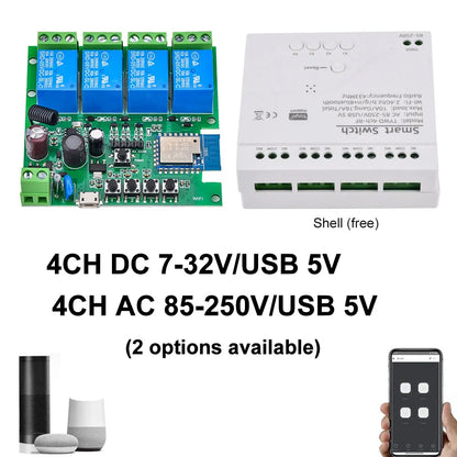 Smart Remote Control Wireless Wifi Switch Module 4CH DC 7-32V AC85-250V RF Receiver 10A wifi Relay For Alexa DIY