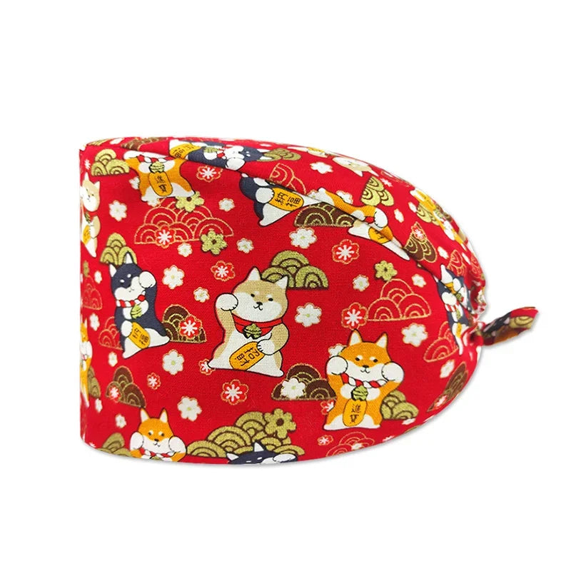 Cartoon Printed Women's Surgical Cap, 100% Pure Cotton Dental Cap, Beauty Salon Breathing and Cleaning Cap, Laboratory Work Cap