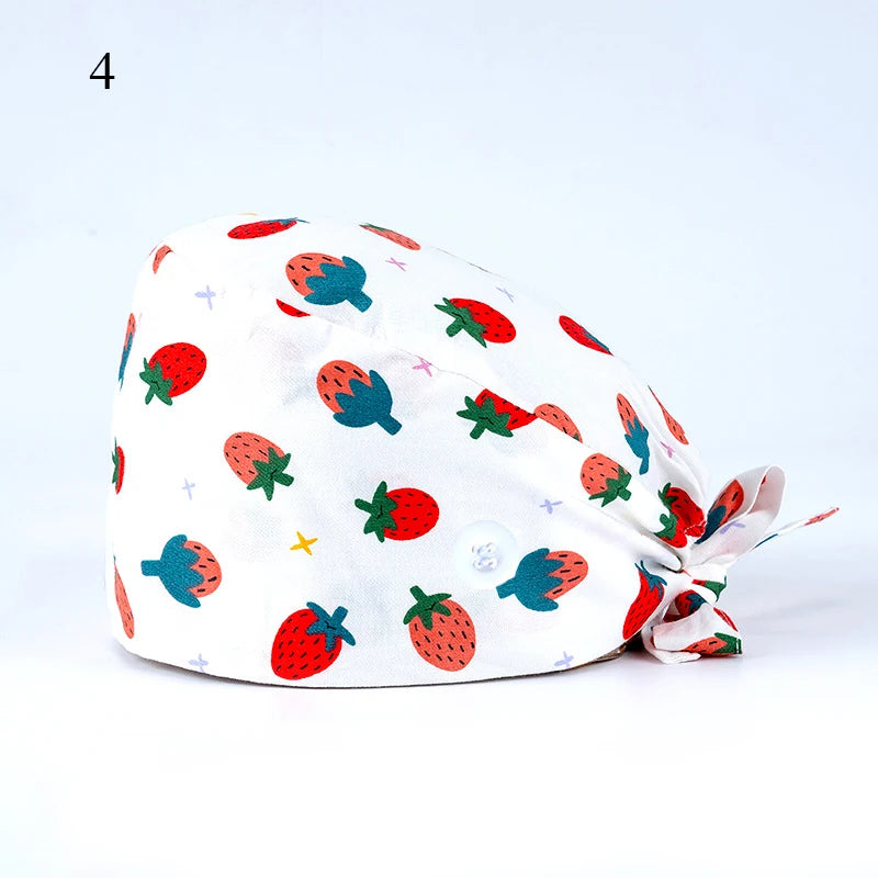 Floral Soft Hat Printing Nurse Sweat-absorbent Head Wrap Towel Surgical Anti-Dirty Pure Cotton Cap With Button Scrub Cap