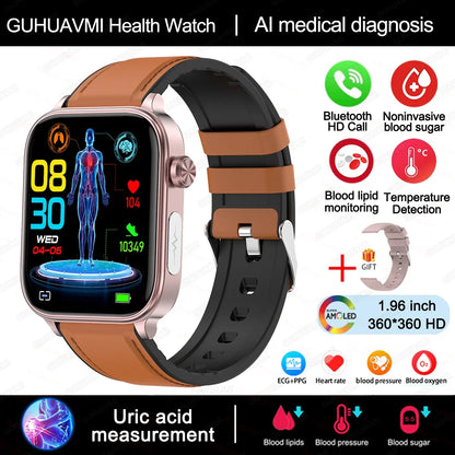 2024 New ECG+PPG Uric Acid Non-Invasive Blood Glucose Smartwatch Men Bluetooth Call Heart Rate Blood Pressure Smart Watch Women