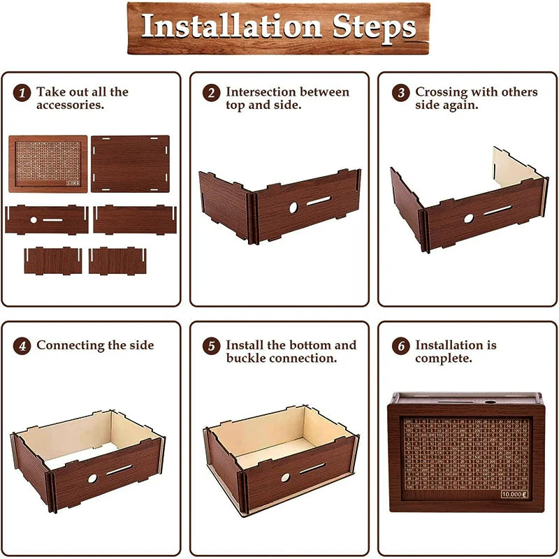 Wooden Money Saving Box Reusable Piggy Bank Money Container for 1000/2000/3000/5000/10000 Euro Cash Coin Case