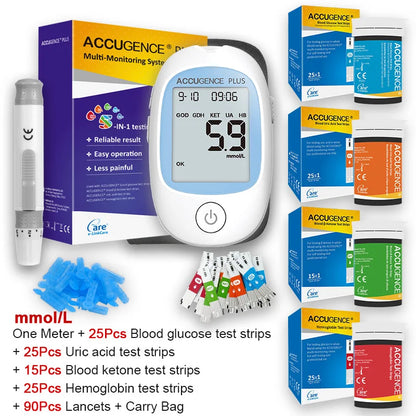 4 in 1 Multifunction Monitor Hemoglobin Blood Ketone Glucose Uric Acid Meter Test Strip HB Anemia Test Blood Sugar Diabetes Gout