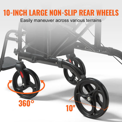 VEVOR 2 in 1 Rollator Walker & Transport Chair for Seniors Folding Rolling Walker Wheelchair Combo & Aluminum Mobility Walker