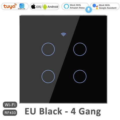 1 2 3 4 Gang 2 3 Way WiFi RF 433mhz Smart Wireless Touch Wall Light with Switch Button 220V with no Neutral EU Tuya Alexa Google