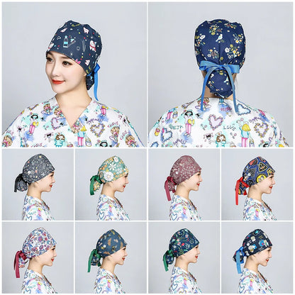 Printed Surgical Cap Scrub Cotton With Button Doctor Wrap Long Hair Adjustable Lace-up Women Beauty Care Hospital Accessories