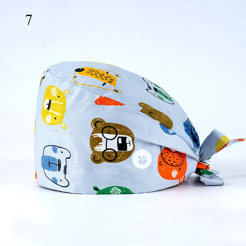 Floral Soft Hat Printing Nurse Sweat-absorbent Head Wrap Towel Surgical Anti-Dirty Pure Cotton Cap With Button Scrub Cap