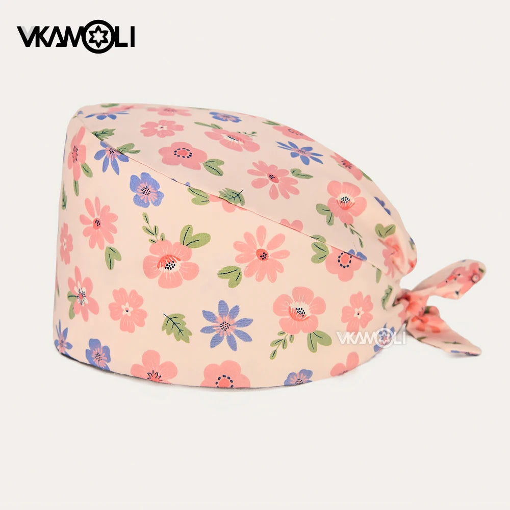 vkamoli Red series women Soft Hat Printing Nurse Sweat-absorbent Head Wrap Towel Surgical Anti-Dirty Pure Cotton Cap Scrub Cap