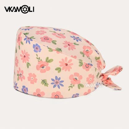 vkamoli Red series women Soft Hat Printing Nurse Sweat-absorbent Head Wrap Towel Surgical Anti-Dirty Pure Cotton Cap Scrub Cap