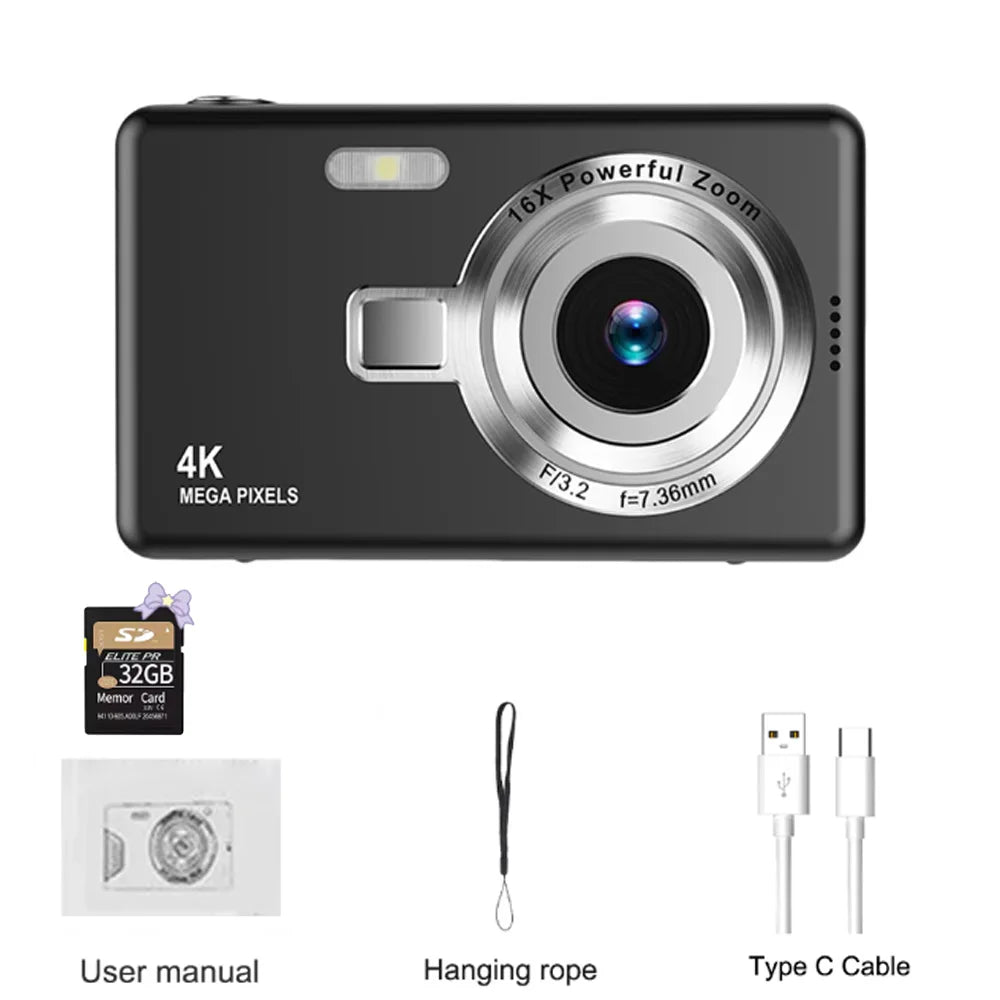 4K HD 1080P Digital Camera 32G 50MP Portable Vlogging Camera 16XZoom Camcorder Camera Children Camera Video Camera For Kid Adult