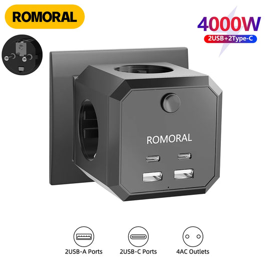 Square Power Strip Extender Cube with 4 AC Outlets 2 USB2Type C Ports Ports Network Filter 4000W 16A EU Plug for Home, Office