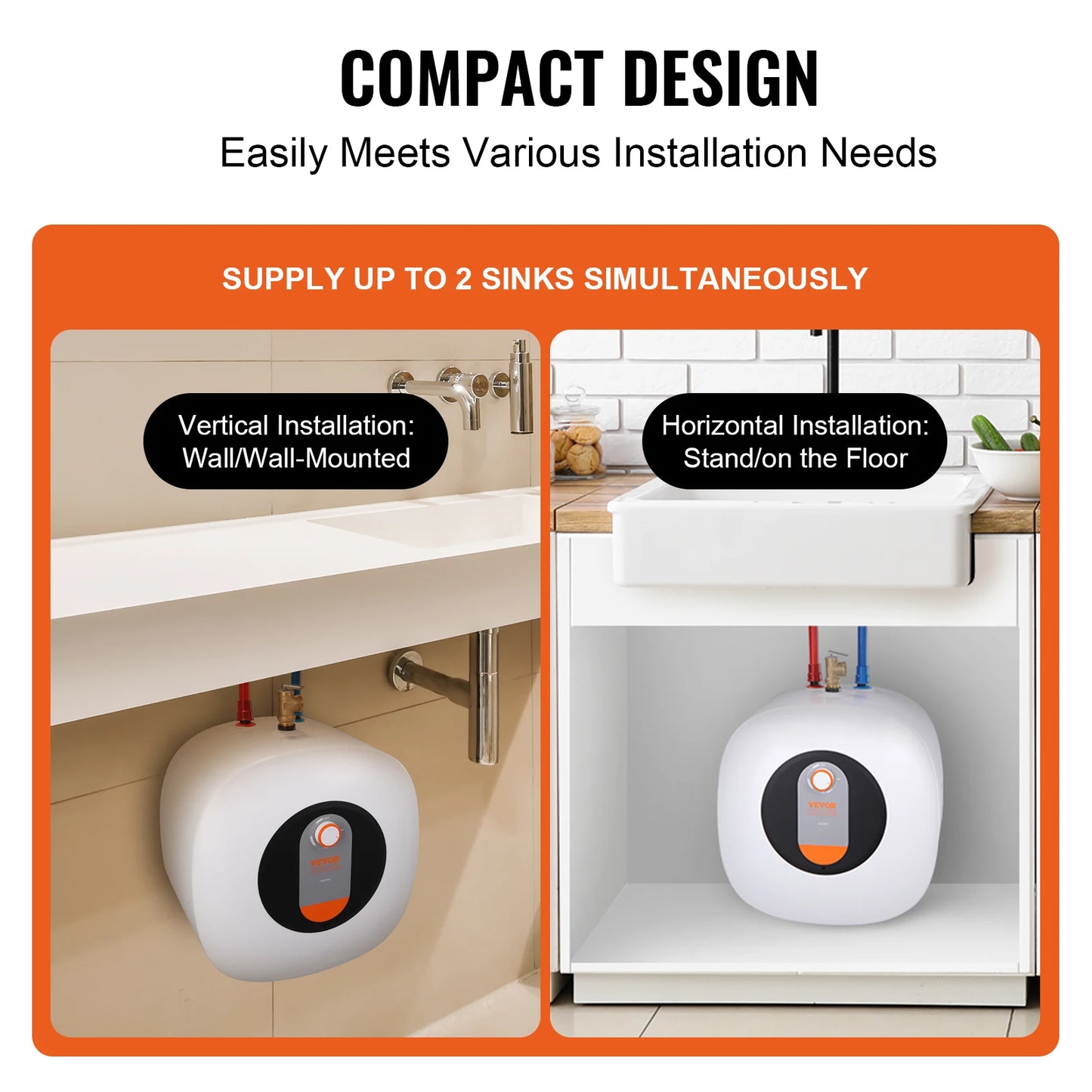 VEVOR Electric Mini-Tank Water Heater, 2.5/4/8-Gal Tank Hot Water Storage, Safety Temperature Pressure Valve,for Kichen Bathroom