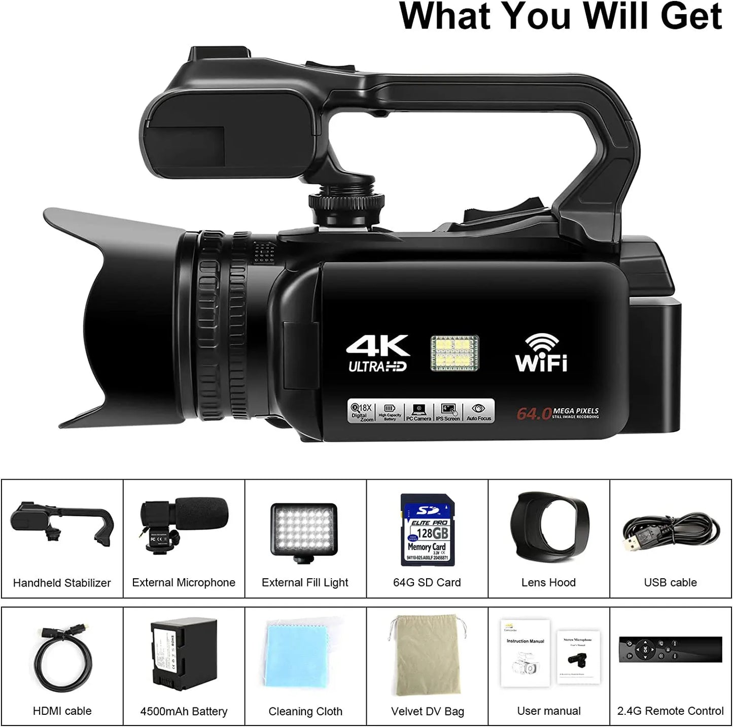 YouTube Camcorder 4K Ultra HD camera 64MP Streaming Camera 4.0"Touch Screen Digital Video Camera