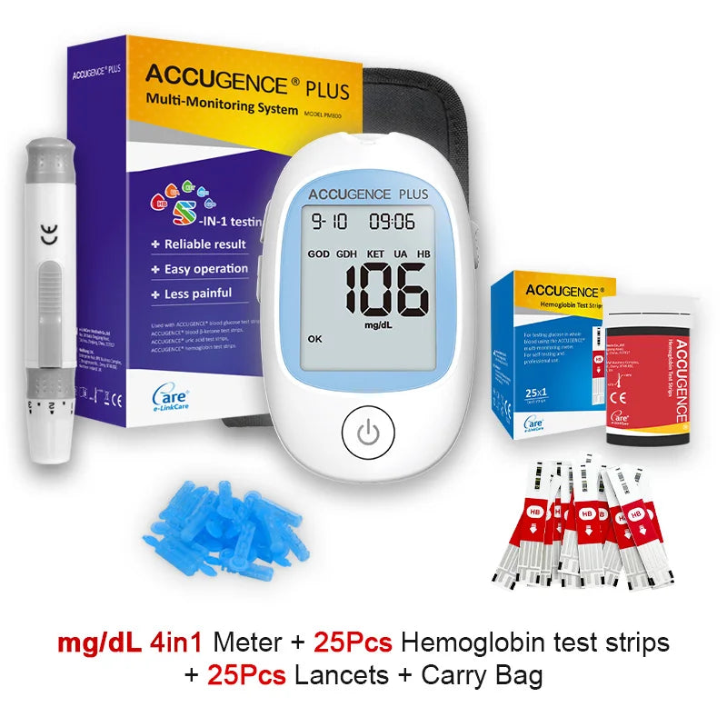 4 in 1 Multifunction Monitor Hemoglobin Blood Ketone Glucose Uric Acid Meter Test Strip HB Anemia Test Blood Sugar Diabetes Gout
