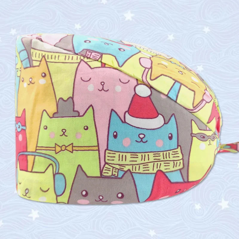 Cute Cat Pattern Printing Unisex Surgical Cap Surgeon  Veterinary Pet Beauty Salon Hospital Clinic Clinical Nurse
