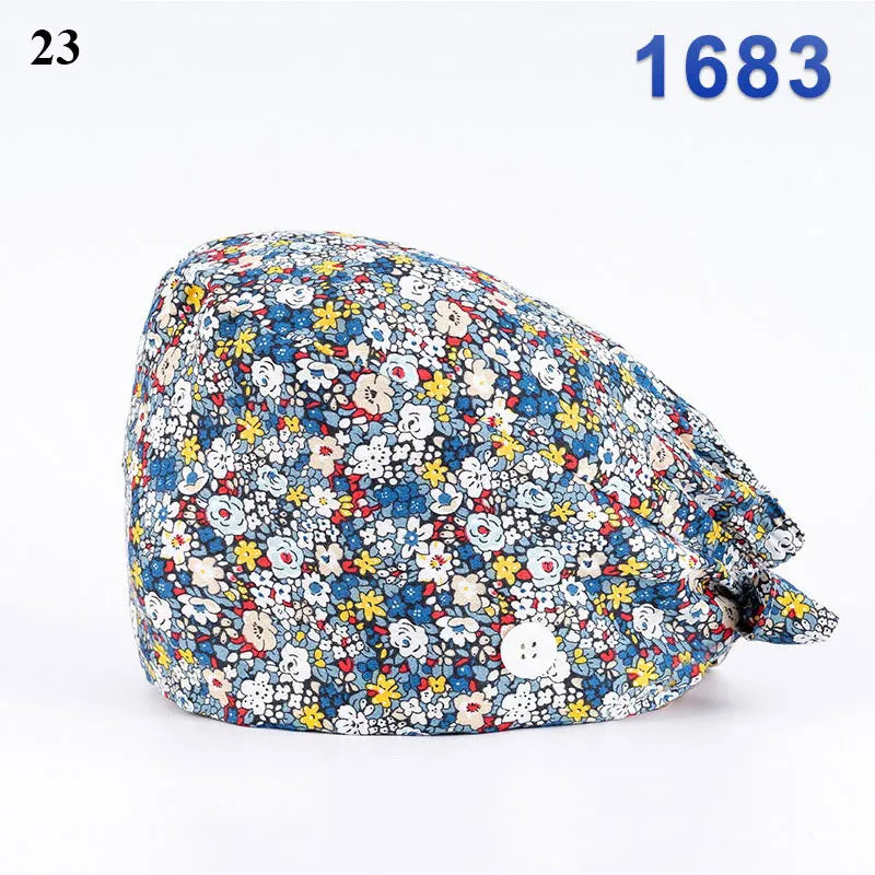 Floral Soft Hat Printing Nurse Sweat-absorbent Head Wrap Towel Surgical Anti-Dirty Pure Cotton Cap With Button Scrub Cap