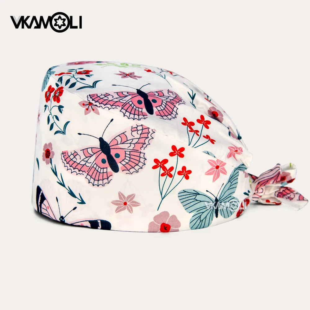 vkamoli Red series women Soft Hat Printing Nurse Sweat-absorbent Head Wrap Towel Surgical Anti-Dirty Pure Cotton Cap Scrub Cap