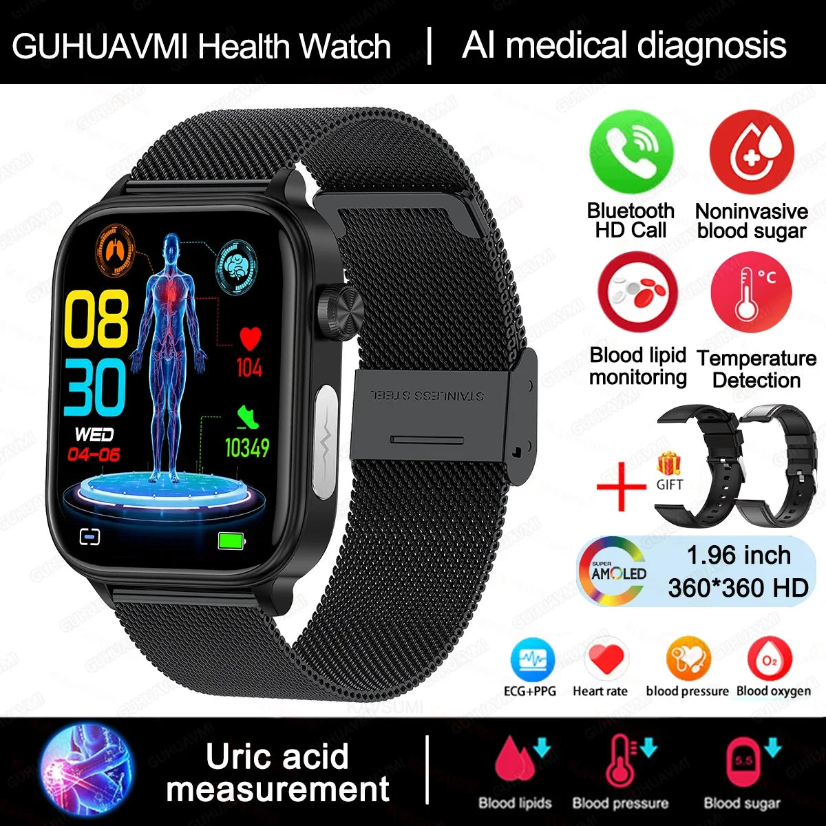 2024 New ECG+PPG Uric Acid Non-Invasive Blood Glucose Smartwatch Men Bluetooth Call Heart Rate Blood Pressure Smart Watch Women