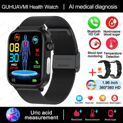 2024 New ECG+PPG Uric Acid Non-Invasive Blood Glucose Smartwatch Men Bluetooth Call Heart Rate Blood Pressure Smart Watch Women