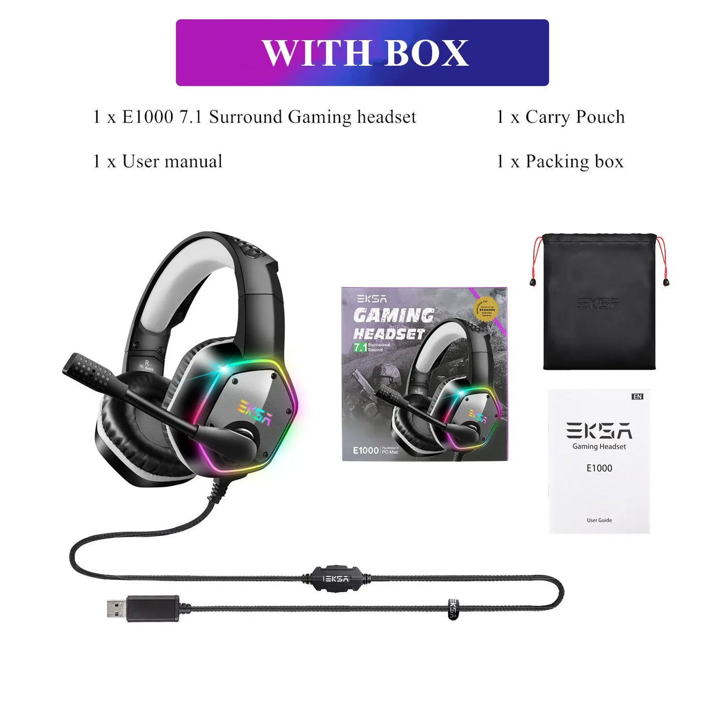 EKSA E1000 RGB Gaming Wireless Headphone with Mic Over-Ear Headphones 7.1 Surround Sound Wired Headset For PC PS4/PS5
