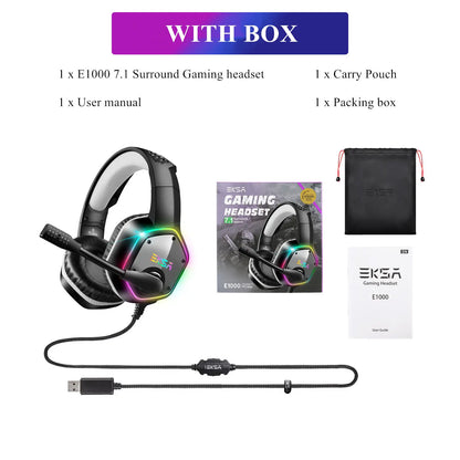 EKSA E1000 RGB Gaming Wireless Headphone with Mic Over-Ear Headphones 7.1 Surround Sound Wired Headset For PC PS4/PS5