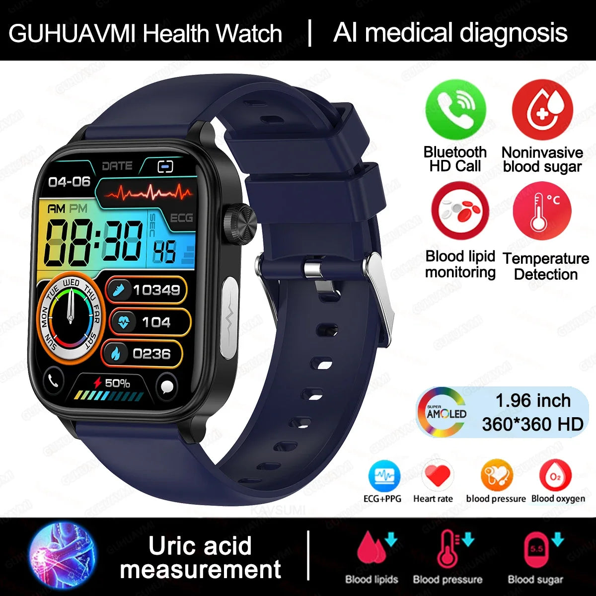 2024 New ECG+PPG Uric Acid Non-Invasive Blood Glucose Smartwatch Men Bluetooth Call Heart Rate Blood Pressure Smart Watch Women