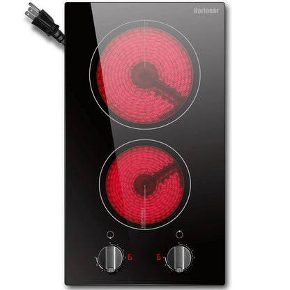 Karinear 110v Electric Cooktop 2 Burners, 12'' Electric Stove Top with Plug in, Knob Control Countertop & Built-in Ceramic Cookt