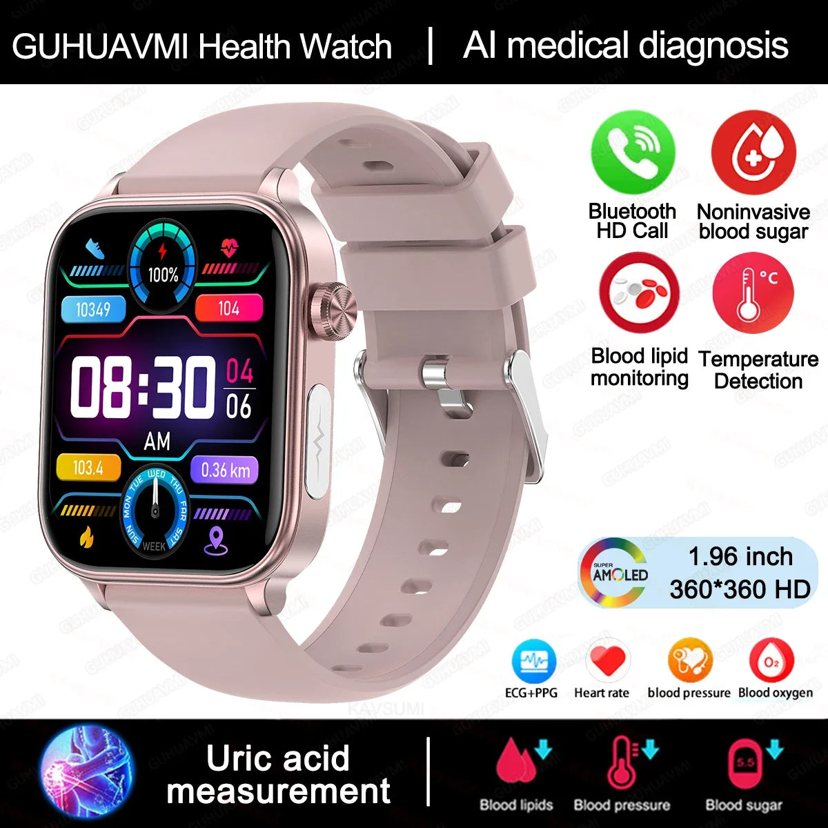 2024 New ECG+PPG Uric Acid Non-Invasive Blood Glucose Smartwatch Men Bluetooth Call Heart Rate Blood Pressure Smart Watch Women