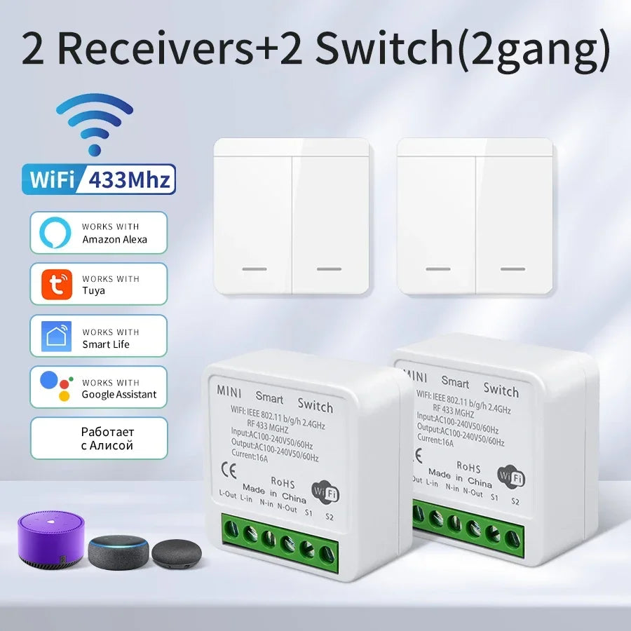 16A Tuya WiFi Smart Switch Wireless RF 433MHz Mini Relay Receiver 1/2/3 Gang Wall Panel Switch Alexa Google Home Voice Control