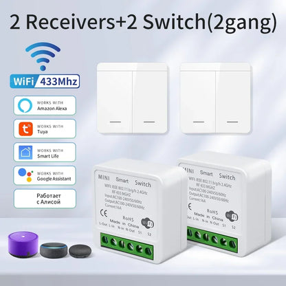 16A Tuya WiFi Smart Switch Wireless RF 433MHz Mini Relay Receiver 1/2/3 Gang Wall Panel Switch Alexa Google Home Voice Control