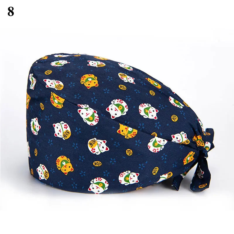Floral Soft Hat Printing Nurse Sweat-absorbent Head Wrap Towel Surgical Anti-Dirty Pure Cotton Cap With Button Scrub Cap