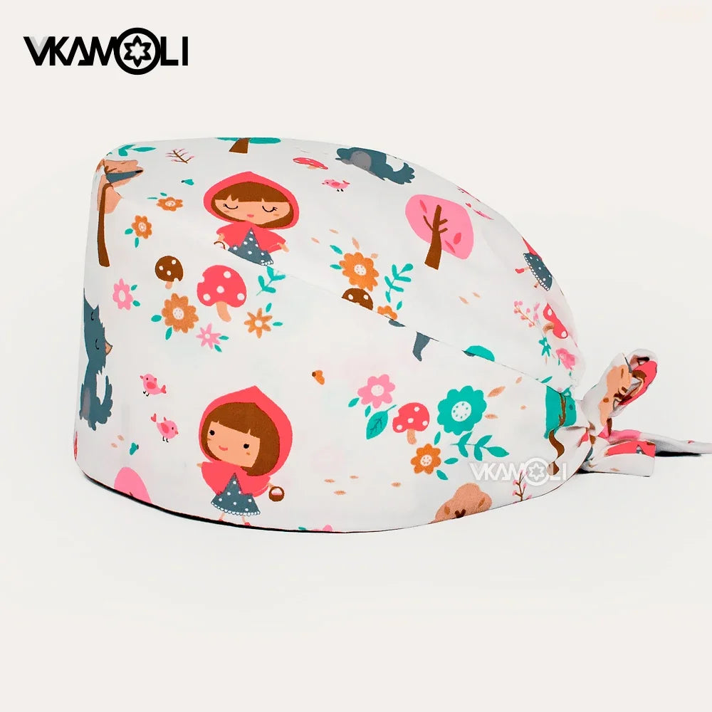vkamoli Red series women Soft Hat Printing Nurse Sweat-absorbent Head Wrap Towel Surgical Anti-Dirty Pure Cotton Cap Scrub Cap