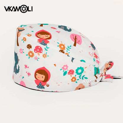 vkamoli Red series women Soft Hat Printing Nurse Sweat-absorbent Head Wrap Towel Surgical Anti-Dirty Pure Cotton Cap Scrub Cap