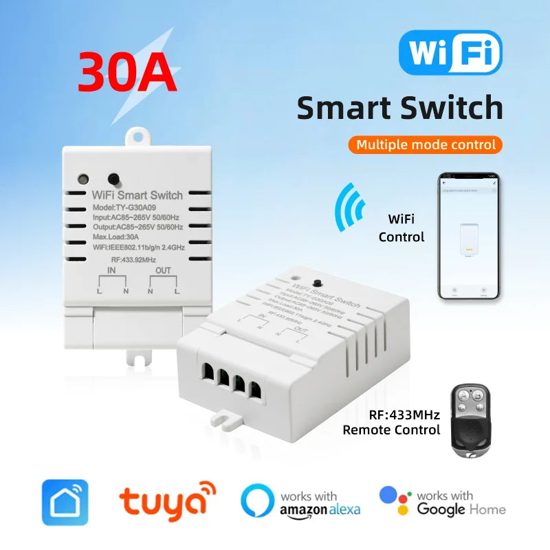 30A Tuya WiFi Smart Switch  High-Power DIY Breaker  Remote Controller Smart Home  Support Alexa Google Home Yandex Alice