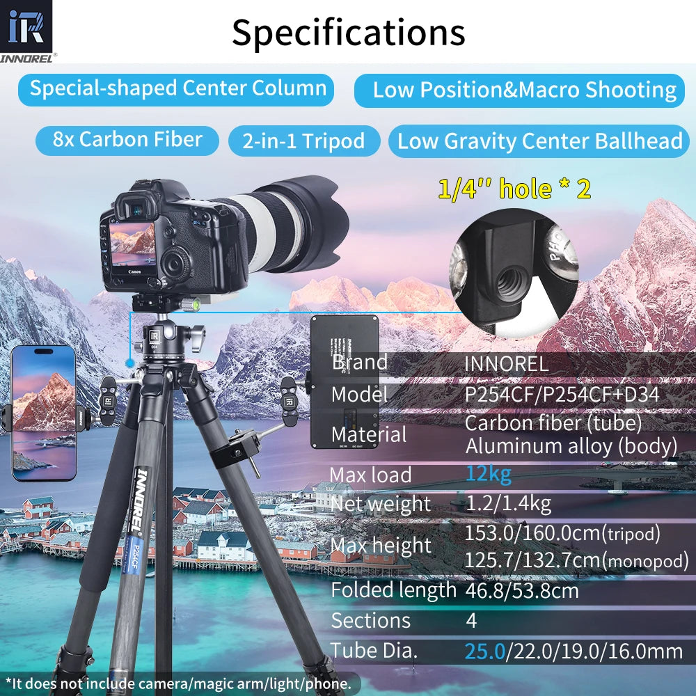 INNOREL P254CF Camera Carbon Fiber Professional Compact Tripod With Special-Shaped Center Column Load 12kg For Travel Shooting